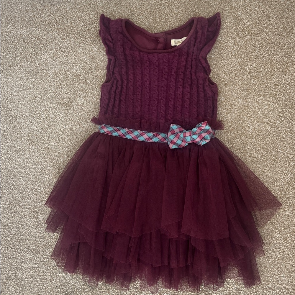 Matilda Jane cable knit Tulle Dress  Size 4 plum holiday plaid bow